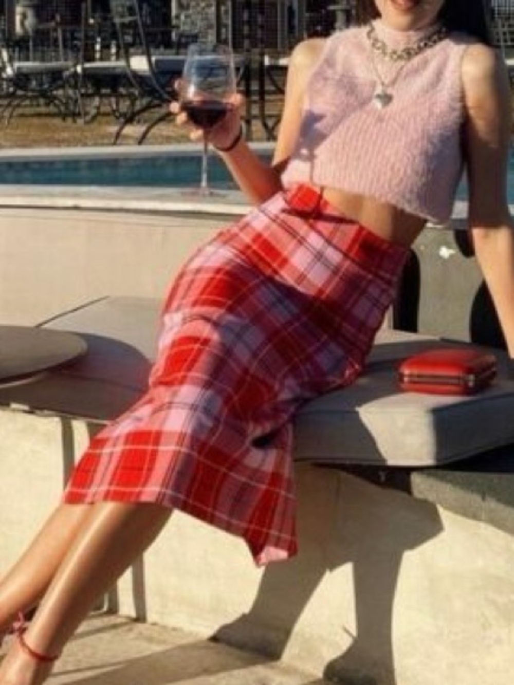 Zara Red and Pink Plaid Highwaist Midi Skirt